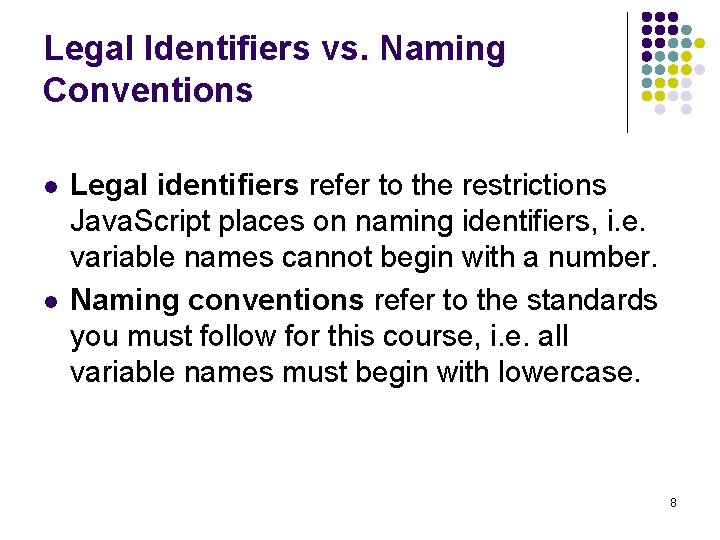 Legal Identifiers vs. Naming Conventions l l Legal identifiers refer to the restrictions Java. Legal Identifiers vs. Naming Conventions l l Legal identifiers refer to the restrictions Java.