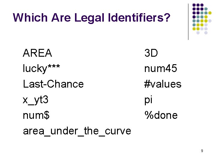 Which Are Legal Identifiers? AREA lucky*** Last-Chance x_yt 3 num$ area_under_the_curve 3 D num Which Are Legal Identifiers? AREA lucky*** Last-Chance x_yt 3 num$ area_under_the_curve 3 D num