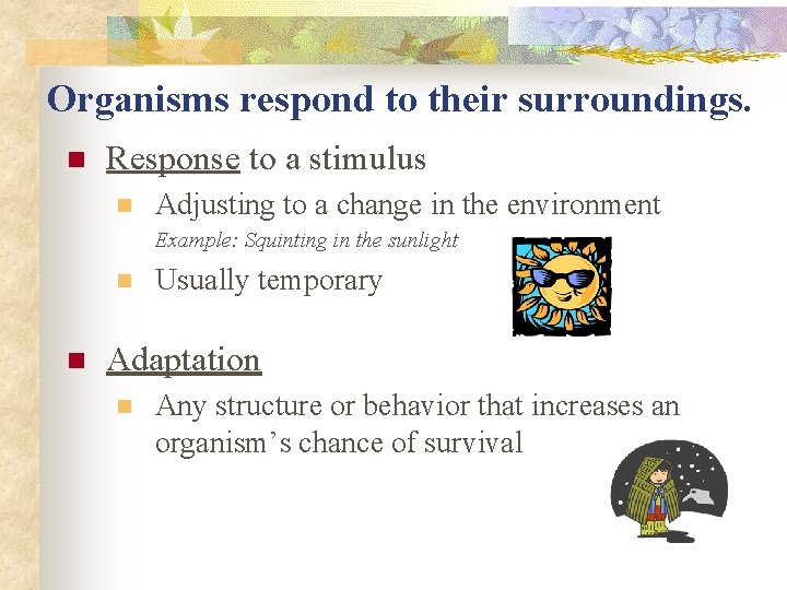 Organisms respond to their surroundings. n Response to a stimulus n Adjusting to a Organisms respond to their surroundings. n Response to a stimulus n Adjusting to a