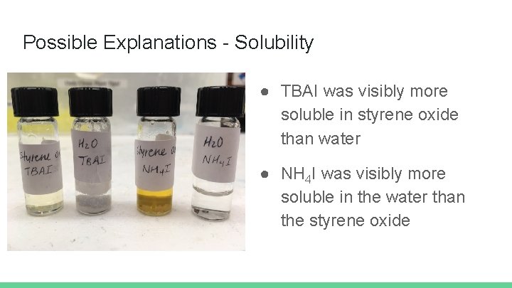 Possible Explanations - Solubility ● TBAI was visibly more soluble in styrene oxide than