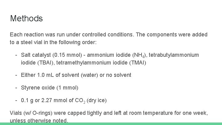 Methods Each reaction was run under controlled conditions. The components were added to a