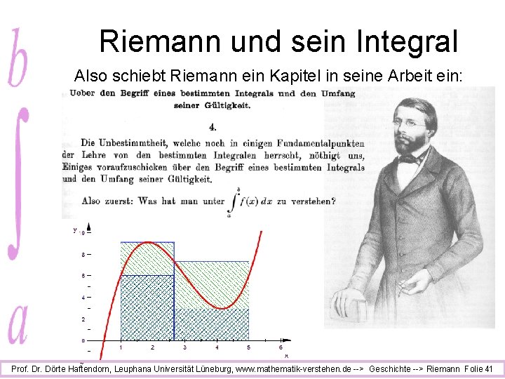 Riemann und sein Integral Also schiebt Riemann ein Kapitel in seine Arbeit ein: Prof.