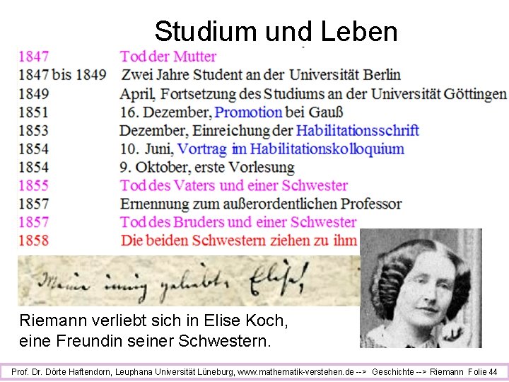 Studium und Leben Riemann verliebt sich in Elise Koch, eine Freundin seiner Schwestern. Prof.