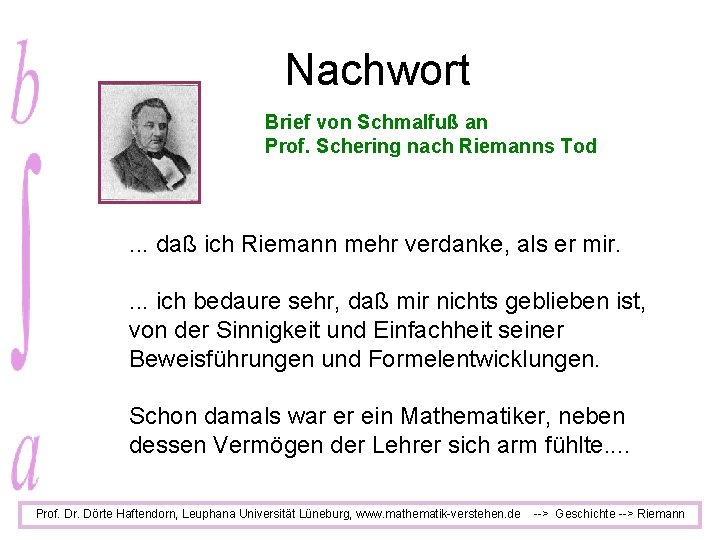 Nachwort Brief von Schmalfuß an Prof. Schering nach Riemanns Tod . . . daß