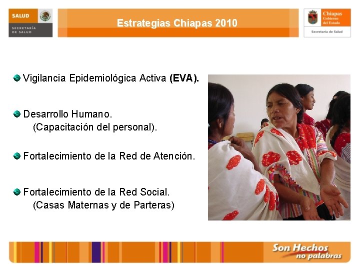 Estrategias Chiapas 2010 Vigilancia Epidemiológica Activa (EVA). Desarrollo Humano. (Capacitación del personal). Fortalecimiento de