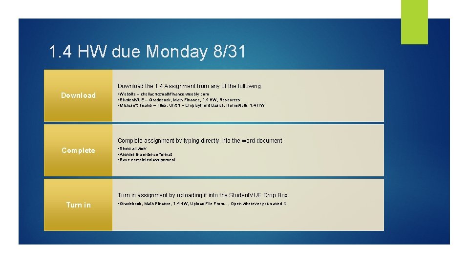 1. 4 HW due Monday 8/31 Download the 1. 4 Assignment from any of