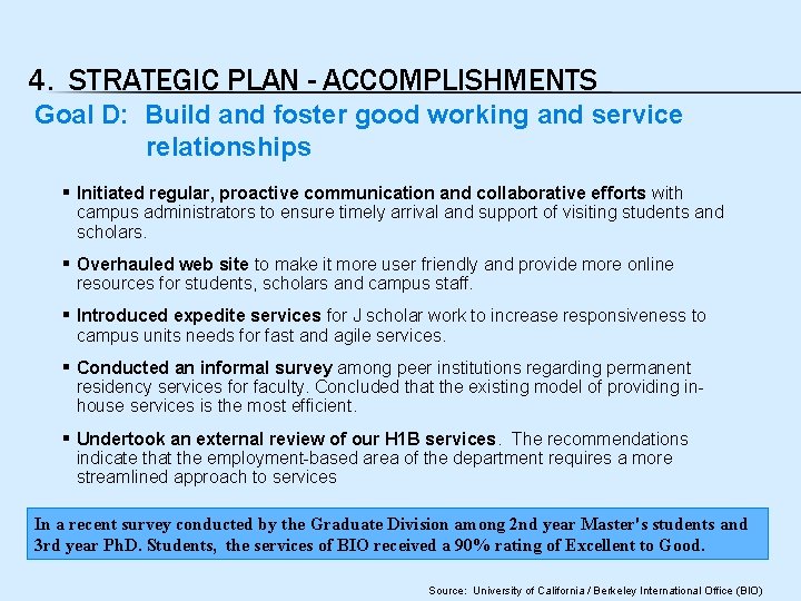 4. STRATEGIC PLAN - ACCOMPLISHMENTS Goal D: Build and foster good working and service