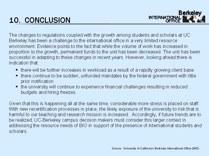 10. CONCLUSION Berkeley INTERNATIONAL OFFICE The changes to regulations coupled with the growth among