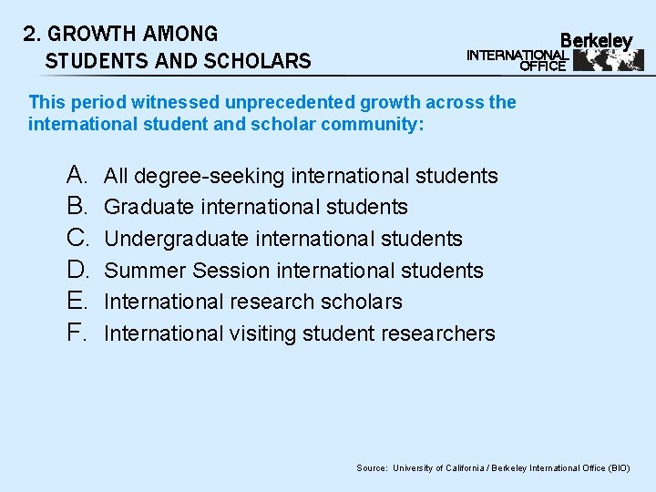 2. GROWTH AMONG STUDENTS AND SCHOLARS Berkeley INTERNATIONAL OFFICE This period witnessed unprecedented growth