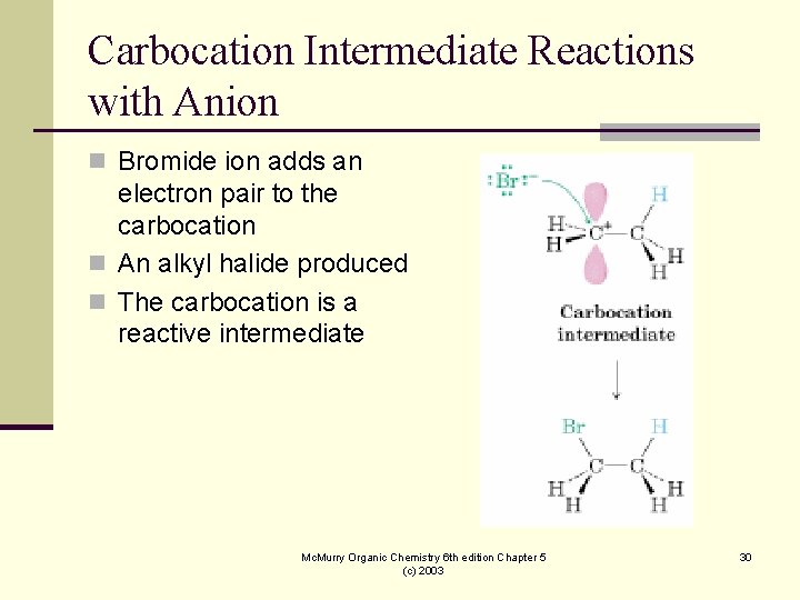Carbocation Intermediate Reactions with Anion n Bromide ion adds an electron pair to the