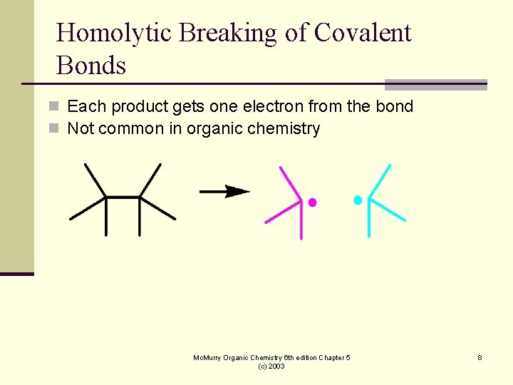 Homolytic Breaking of Covalent Bonds n Each product gets one electron from the bond