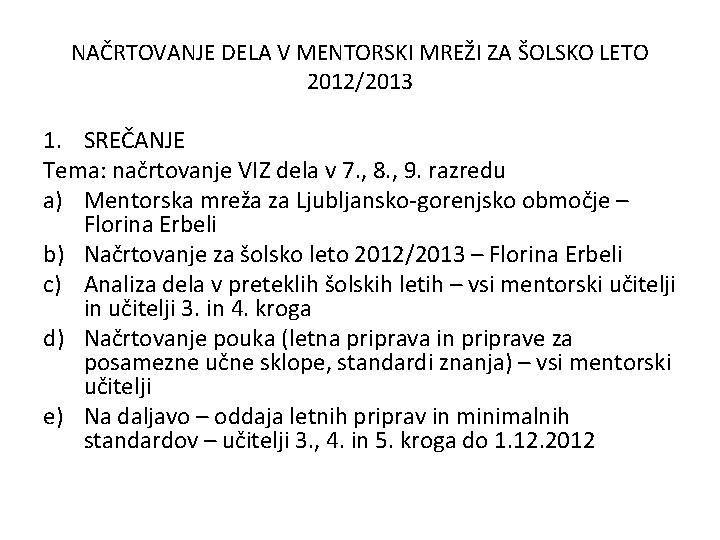 NAČRTOVANJE DELA V MENTORSKI MREŽI ZA ŠOLSKO LETO 2012/2013 1. SREČANJE Tema: načrtovanje VIZ