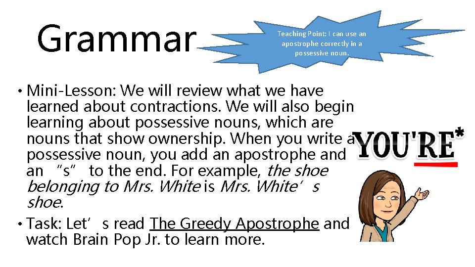 Grammar Teaching Point: I can use an apostrophe correctly in a possessive noun. •