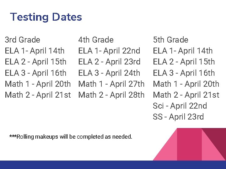 Testing Dates 3 rd Grade ELA 1 - April 14 th ELA 2 -