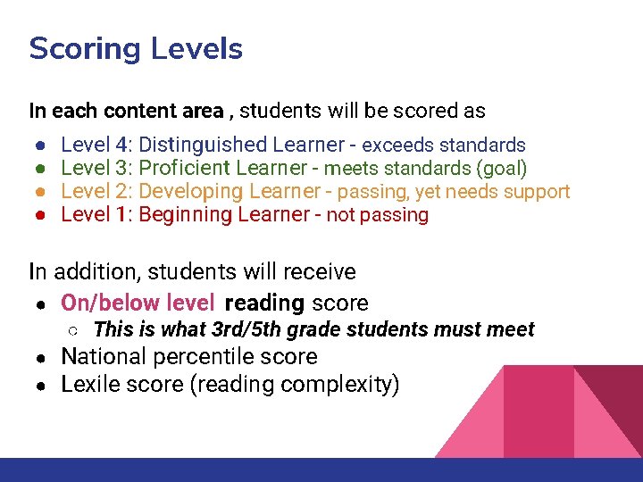 Scoring Levels In each content area , students will be scored as ● ●