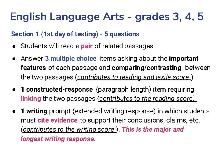 English Language Arts - grades 3, 4, 5 Section 1 (1 st day of
