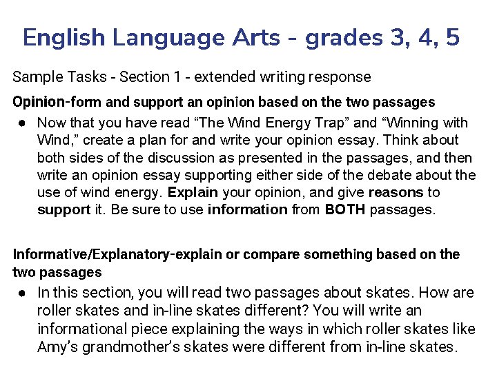 English Language Arts - grades 3, 4, 5 Sample Tasks - Section 1 -