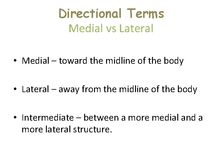 Directional Terms Medial vs Lateral • Medial – toward the midline of the body Directional Terms Medial vs Lateral • Medial – toward the midline of the body