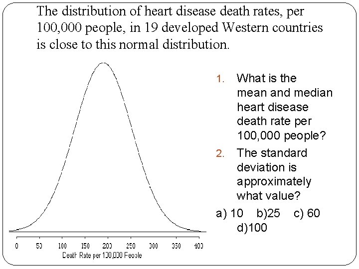 The distribution of heart disease death rates, per 100, 000 people, in 19 developed The distribution of heart disease death rates, per 100, 000 people, in 19 developed