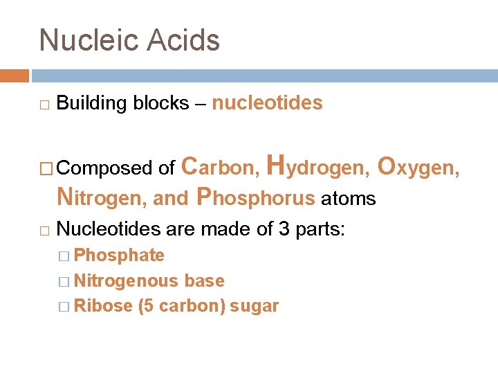 Nucleic Acids � Building blocks – nucleotides Carbon, Hydrogen, Oxygen, Nitrogen, and Phosphorus atoms