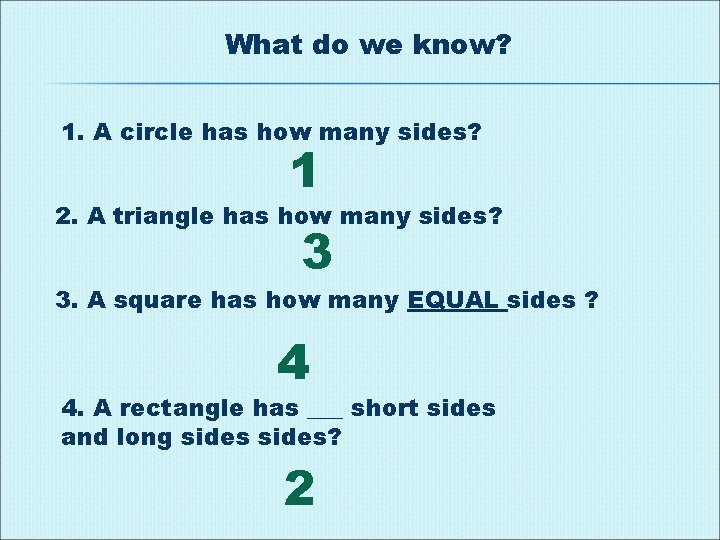 What do we know? 1. A circle has how many sides? 1 2. A