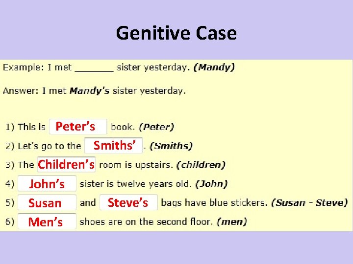 Genitive Case Peter’s Smiths’ Children’s John’s Steve’s Susan Men’s 