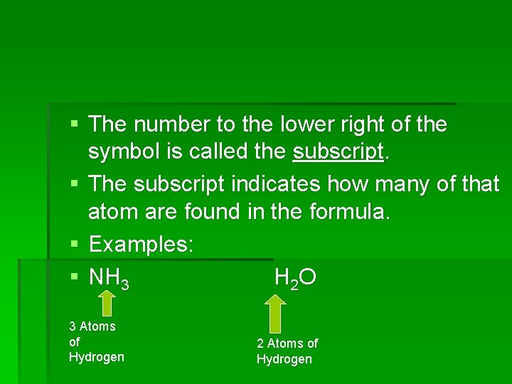§ The number to the lower right of the symbol is called the subscript.