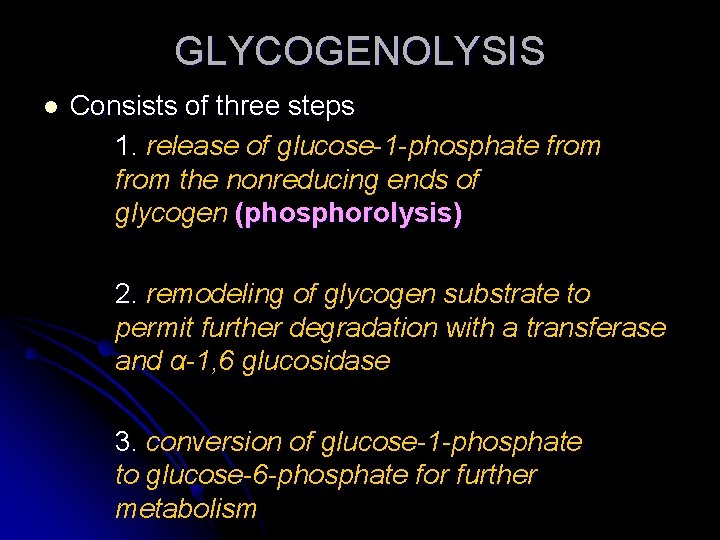 GLYCOGENOLYSIS l Consists of three steps 1. release of glucose-1 -phosphate from the nonreducing