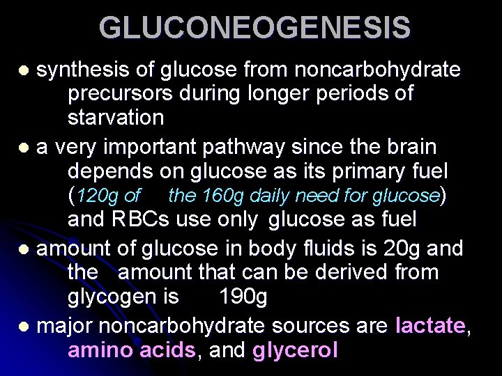 GLUCONEOGENESIS synthesis of glucose from noncarbohydrate precursors during longer periods of starvation l a