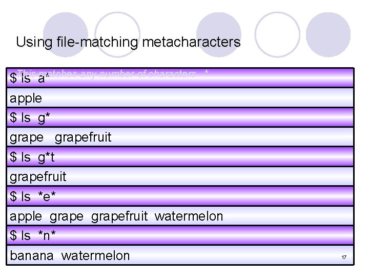 Using file-matching metacharacters matches any number of characters * $This ls a* apple $