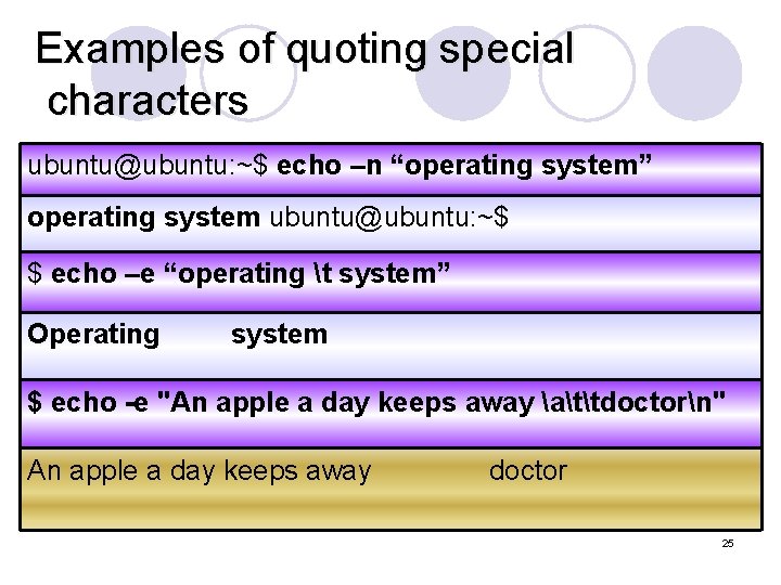 Examples of quoting special characters ubuntu@ubuntu: ~$ echo –n “operating system” operating system ubuntu@ubuntu: