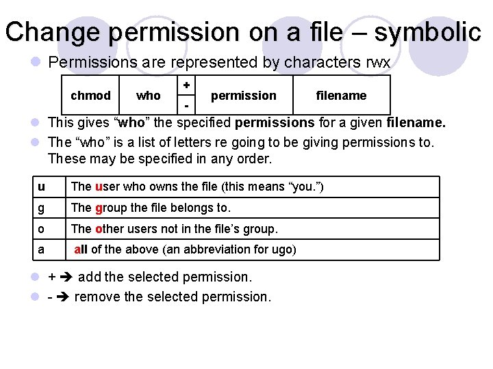 Change permission on a file – symbolic l Permissions are represented by characters rwx