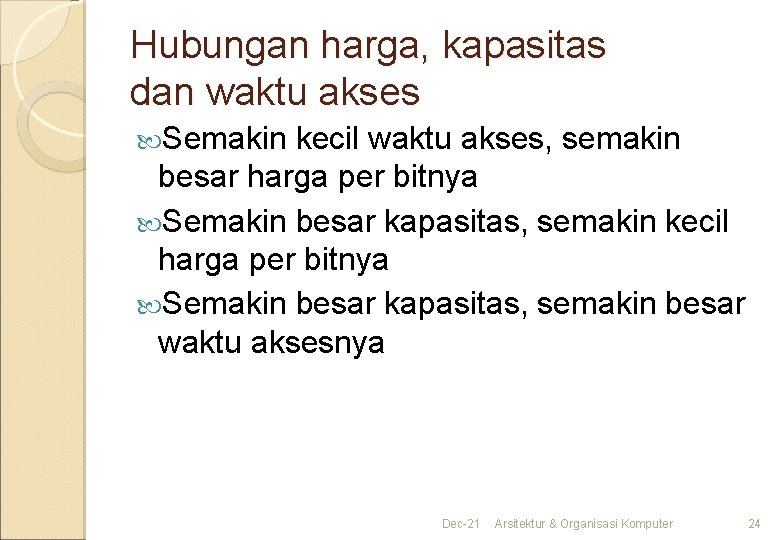 Hubungan harga, kapasitas dan waktu akses Semakin kecil waktu akses, semakin besar harga per Hubungan harga, kapasitas dan waktu akses Semakin kecil waktu akses, semakin besar harga per
