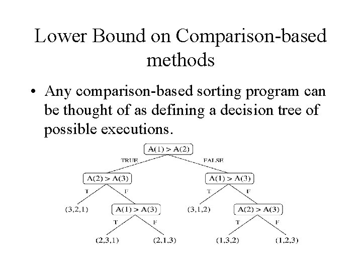 Lower Bound on Comparison-based methods • Any comparison-based sorting program can be thought of