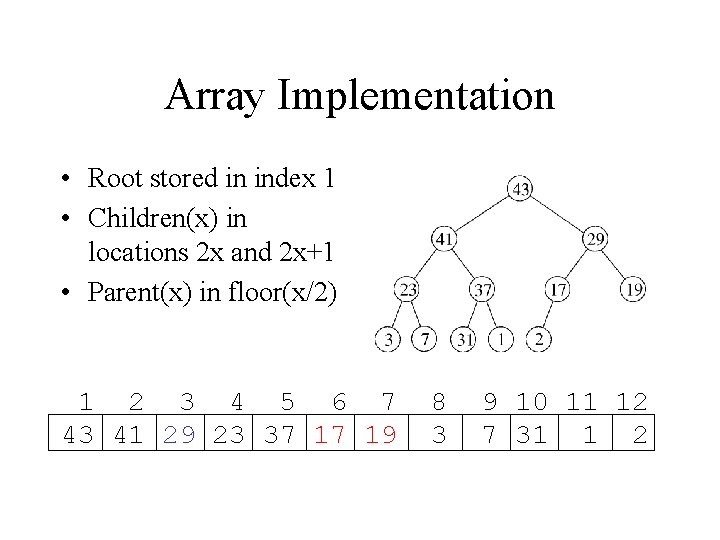 Array Implementation • Root stored in index 1 • Children(x) in locations 2 x