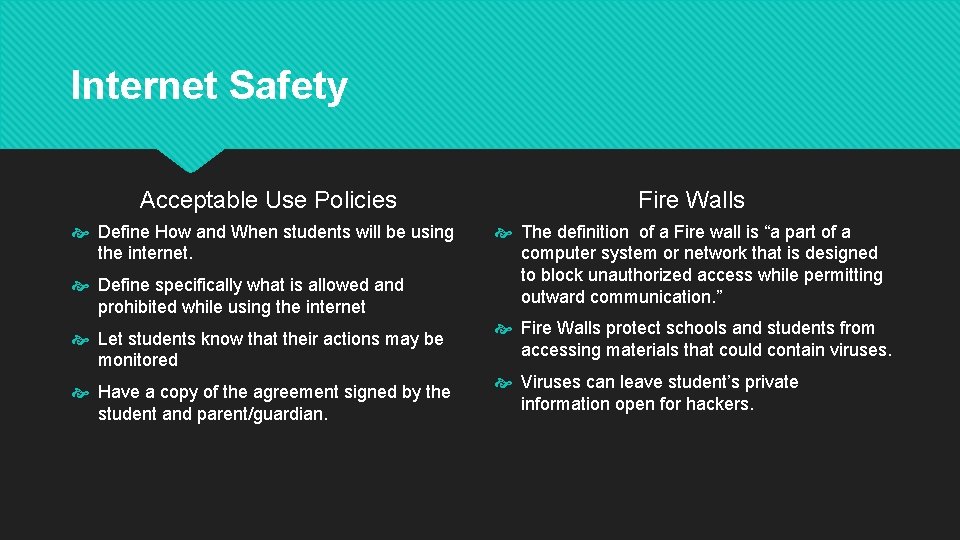 Internet Safety Acceptable Use Policies Define How and When students will be using the