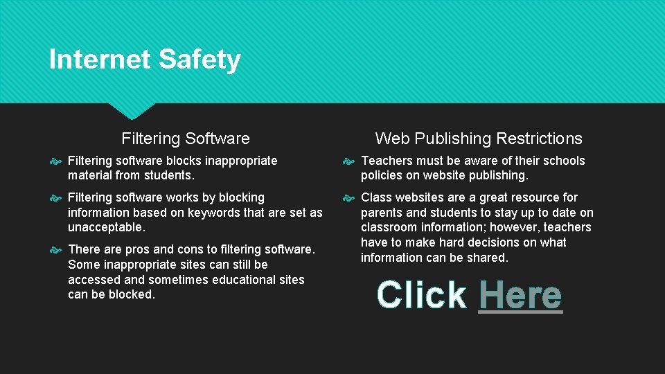 Internet Safety Filtering Software Web Publishing Restrictions Filtering software blocks inappropriate material from students.