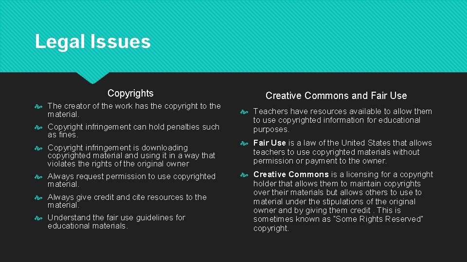 Legal Issues Copyrights The creator of the work has the copyright to the material.