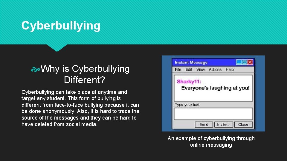 Cyberbullying Why is Cyberbullying Different? Cyberbullying can take place at anytime and target any