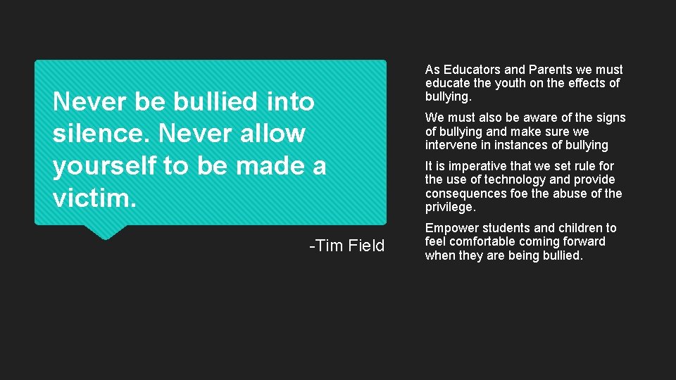 Never be bullied into silence. Never allow yourself to be made a victim. -Tim