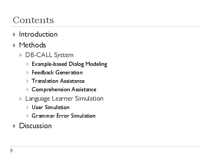 Contents Introduction Methods DB-CALL System Language Learner Simulation Example-based Dialog Modeling Feedback Generation Translation
