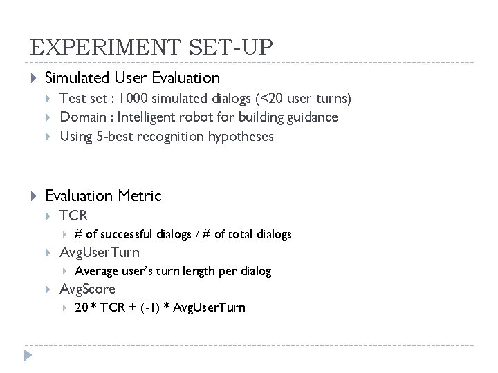 EXPERIMENT SET-UP Simulated User Evaluation Test set : 1000 simulated dialogs (<20 user turns)