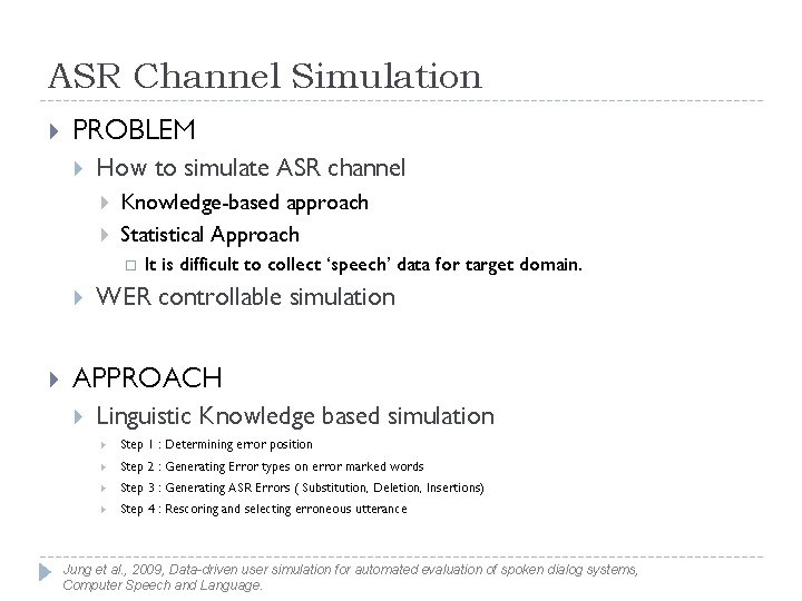 ASR Channel Simulation PROBLEM How to simulate ASR channel Knowledge-based approach Statistical Approach It