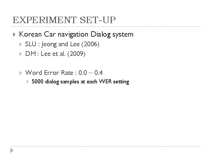 EXPERIMENT SET-UP Korean Car navigation Dialog system SLU : Jeong and Lee (2006) DM