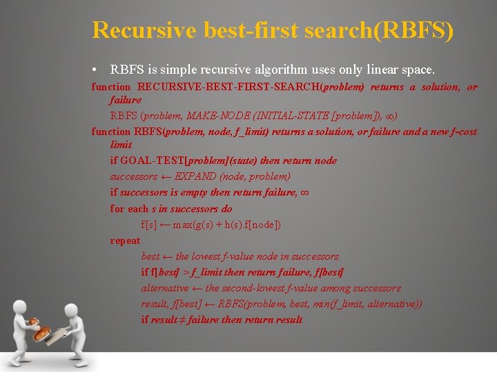 Recursive best-first search(RBFS) • RBFS is simple recursive algorithm uses only linear space. function