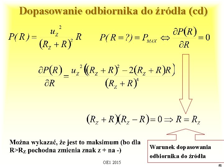 Dopasowanie odbiornika do źródła (cd) Warunek dopasowania odbiornika do źródła OE 1 2015 51