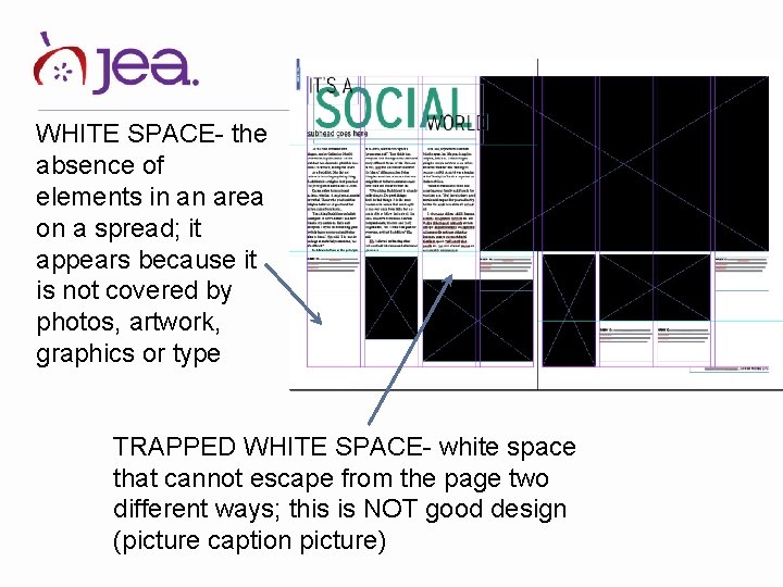 WHITE SPACE- the absence of elements in an area on a spread; it appears