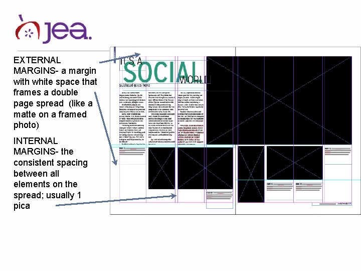 EXTERNAL MARGINS- a margin with white space that frames a double page spread (like