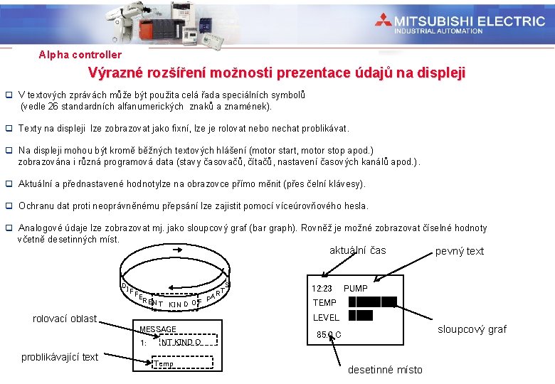 Industrial Automation Alpha controller Výrazné rozšíření možnosti prezentace údajů na displeji q V textových