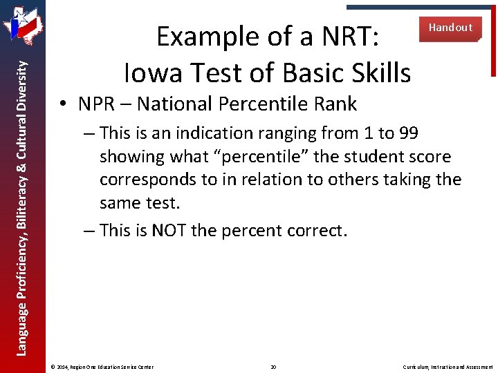 Language Proficiency, Biliteracy & Cultural Diversity Example of a NRT: Iowa Test of Basic
